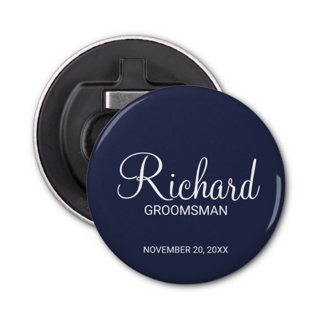 Abrebotellas Navy Blue Modern Script Personalizado Groomsman (Anverso)