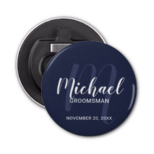 Abrebotellas Navy Blue Modern Script Personalizado Groomsmen