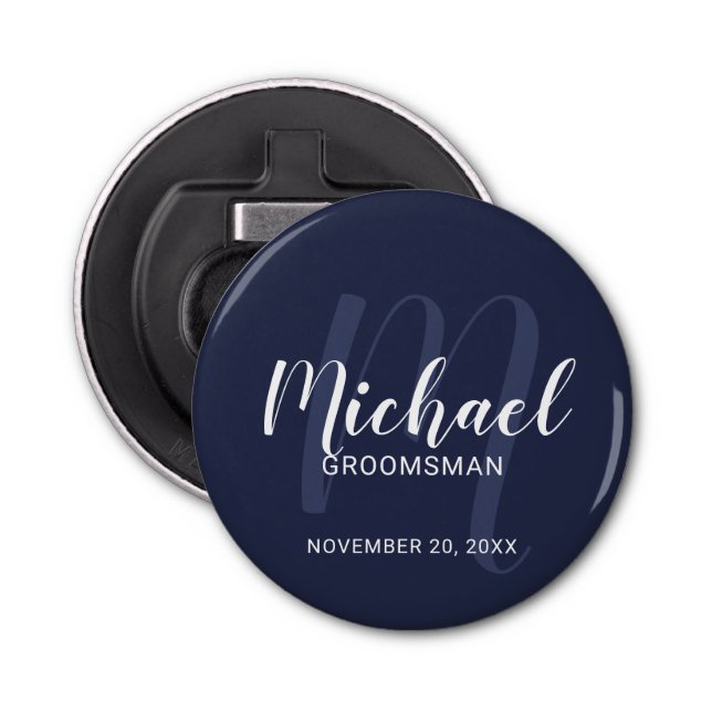 Abrebotellas Navy Blue Modern Script Personalizado Groomsmen (Anverso)