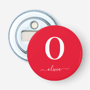 Abrebotellas Nombre de guión de monograma personalizado rojo y 