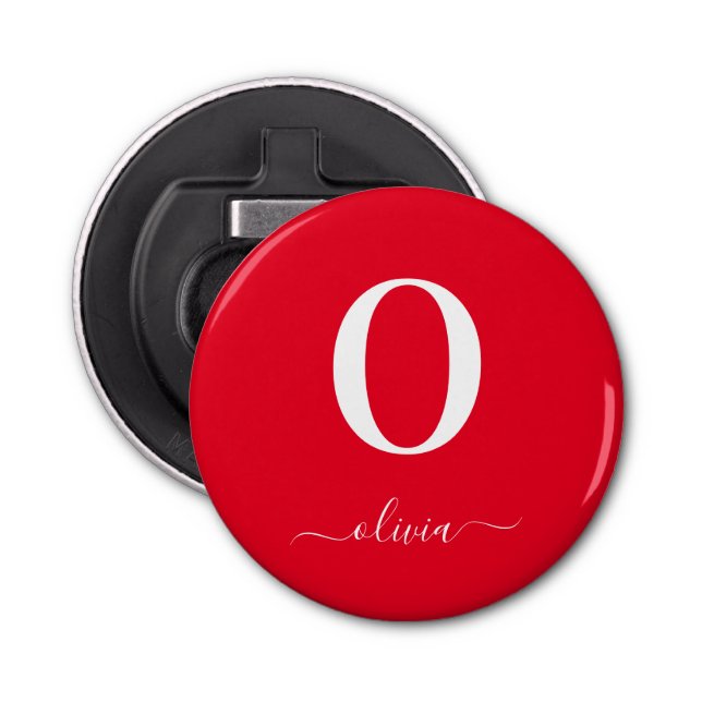 Abrebotellas Nombre De Guión Monograma Personalizado Rojo Y Bla (Anverso)