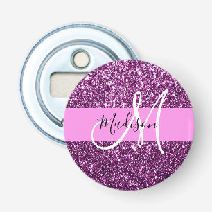 Abrebotellas Nombre de monograma con brillo rosa y púrpura Glam
