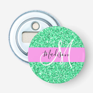 Abrebotellas Nombre de monograma con brillo rosa y verde Glam
