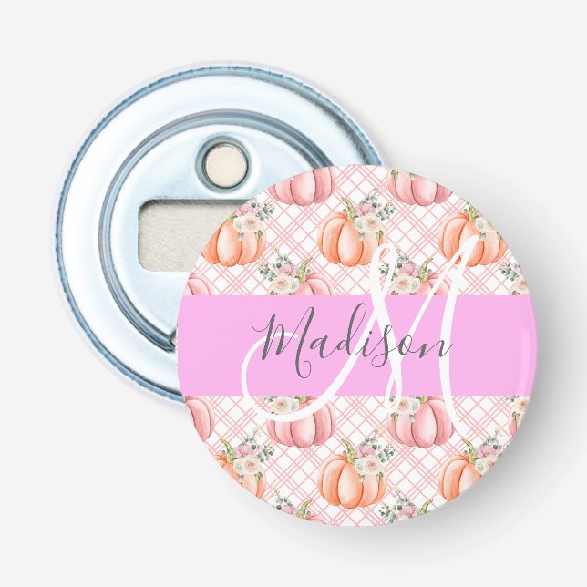 Abrebotellas Nombre de monograma de calabaza rosa rosada floral (Anverso)