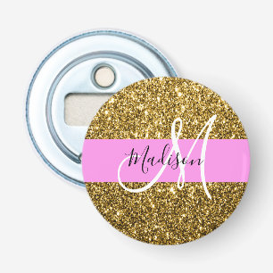 Abrebotellas Nombre monograma con brillo rosa y dorado Glam