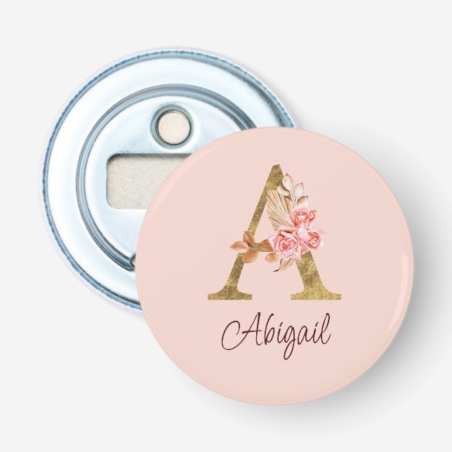 Abrebotellas Nombre personalizado lámina dorada rosas rosadas l (Anverso)