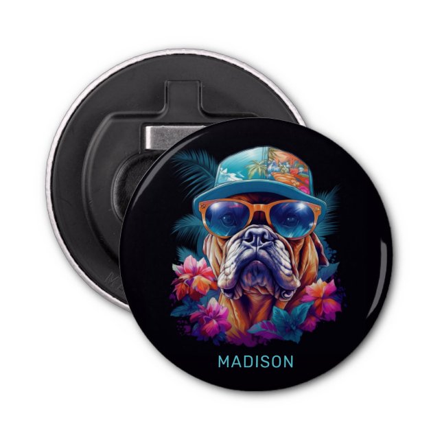 Abrebotellas Nombre personalizado Perro de vacaciones tropical (Anverso)