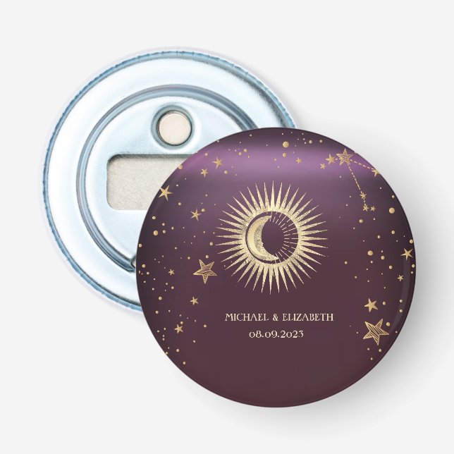 Abrebotellas Oro Celestial Sol Y Luna Estrellas Burdeos (Anverso)