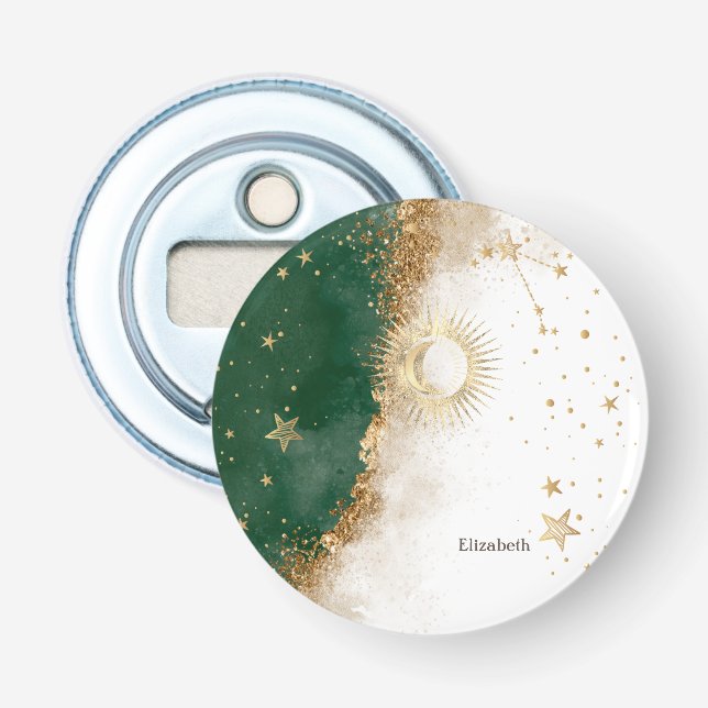 Abrebotellas Oro Celestial Sol Y Luna Estrellas Verde (Anverso)