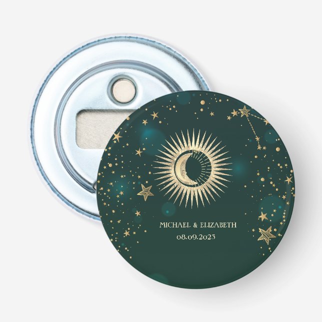 Abrebotellas Oro Celestial Sol Y Luna Estrellas Verde (Anverso)