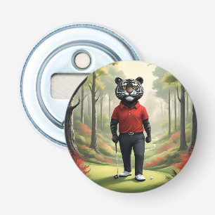 Abrebotellas "¡Oro! Un tigre negro jugando golf en el bosque"