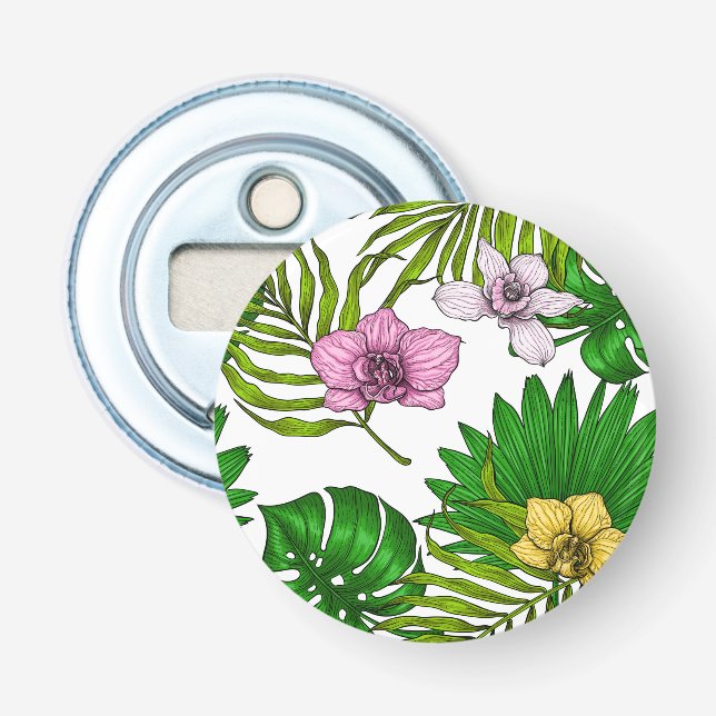 Abrebotellas Orquídeas y hojas de palma, rosas, amarillas, verd (Anverso)