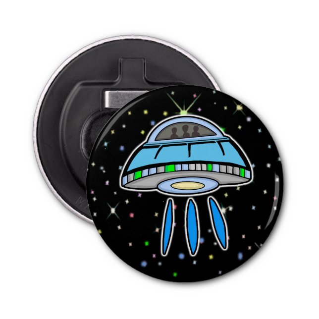 Abrebotellas OVNI azul con espacio exterior nocturno estrellado (Anverso)