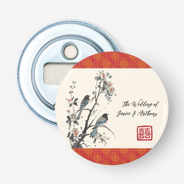 Abrebotellas Pájaro de flor roja boda oriental china (Anverso)