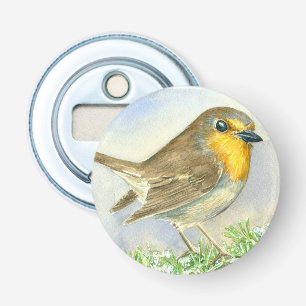 Abrebotellas Pájaro Robin sobre una rama de enebro helado