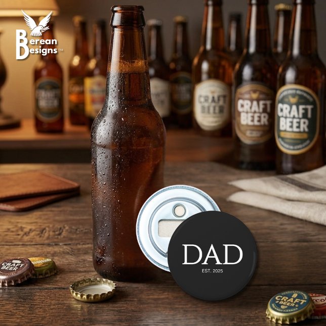 Abrebotellas Papá Estableció Clásicos Gorras Negro (DAD ESTABLISHED round bottle opener with customizable year. Ideal gift for Father's Day. )