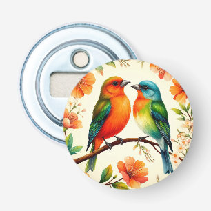 Abrebotellas Pareja de pájaros coloridos sentados en medio de f