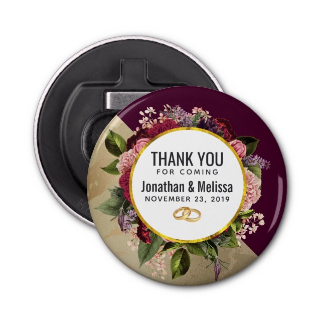 Abrebotellas Patrón de mármol dorado y Boda de Florencia Borgoñ (Anverso)