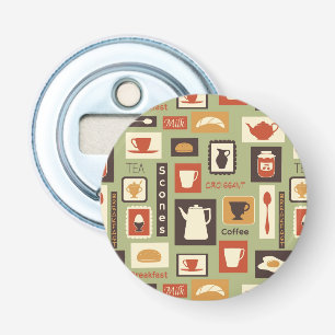 Abrebotellas Patrón retro con platos de cocina para el desayun