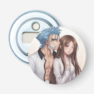 Abrebotellas Pegatina de guerrero de anime de pelo azul y compa
