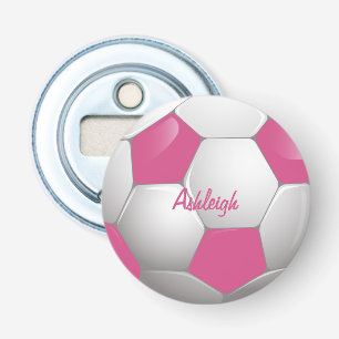 Abrebotellas Pelota de fútbol de personalizable rosa y blanca