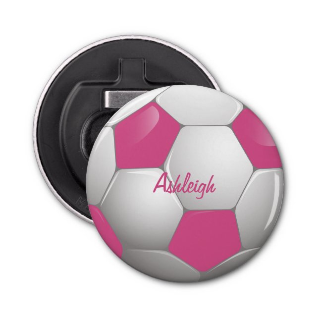 Abrebotellas Pelota de fútbol de personalizable rosa y blanca (Anverso)