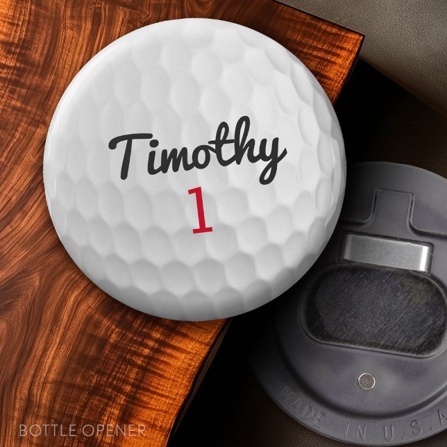 Abrebotellas Pelota de golf con número rojo de nombre negro (Custom Bottle Opener)