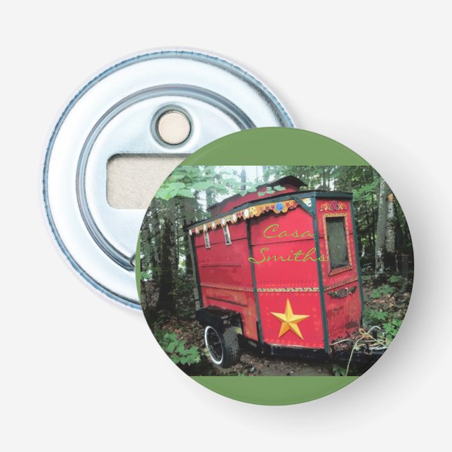 Abrebotellas Pequeña caravana gitana roja personalizada (Anverso)