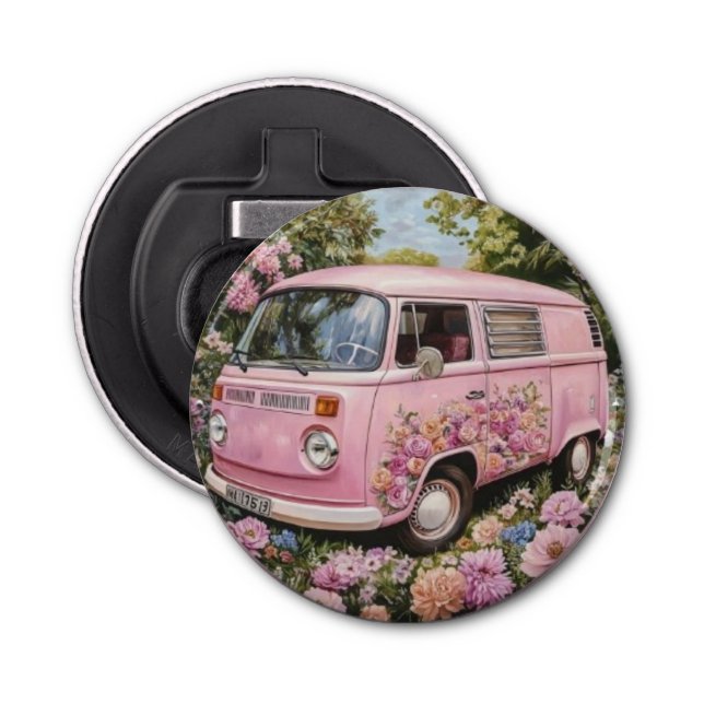 Abrebotellas Pink Bus Beach Wall Art, Retro Van Print Californa (Anverso)