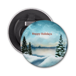 Abrebotellas Pinos nevados cerca de un lago