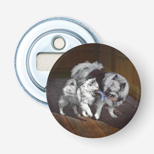 Abrebotellas Pintado Keeshond Playtime - Arte Perro Original. (Anverso)