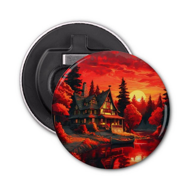 Abrebotellas Pintura de atardecer con cabaña y lago-66633 (Anverso)