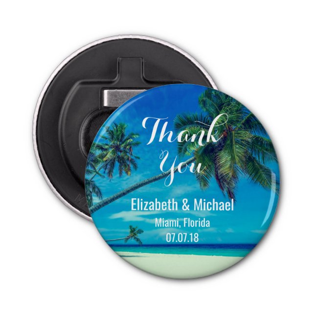 Abrebotellas Playa blanca arenosa con Boda de palmeras tropical (Anverso)