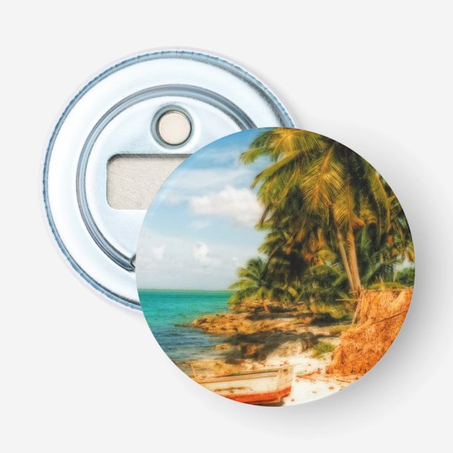 Abrebotellas Playa tropical de ensueño con lancha de río (Anverso)