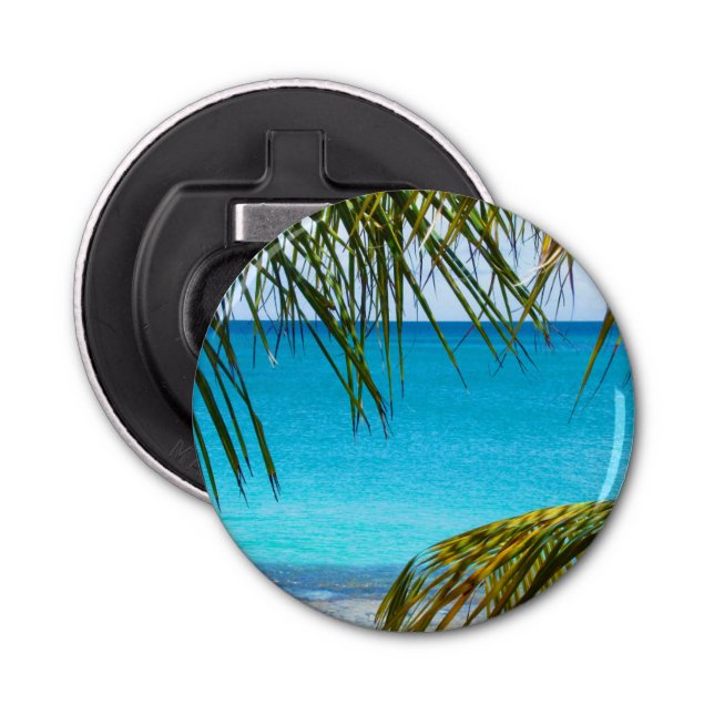 Abrebotellas Playa tropical enmarcada con palmeras (Anverso)