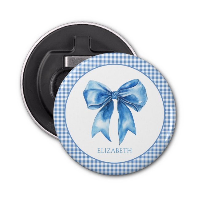Abrebotellas Preppy Blue y White Gingham y Bow (Anverso)