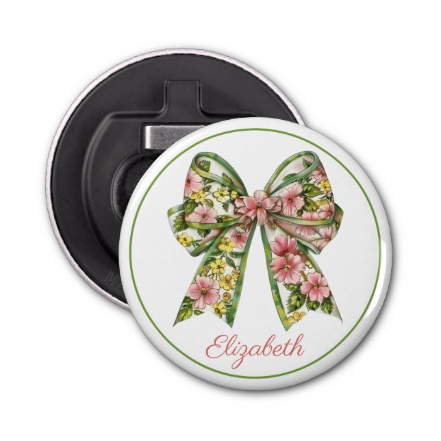 Abrebotellas Preppy Pink and Green Floral Bow Personalized (Anverso)
