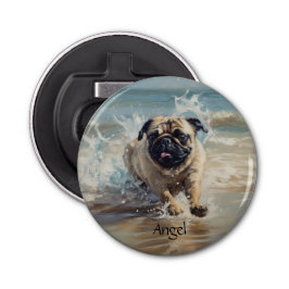Abrebotellas Pug feliz en el personalizable de la playa