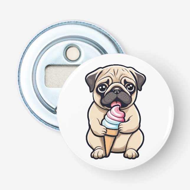 Abrebotellas Pug lamiendo helado (Anverso)