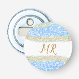 Abrebotellas purpurina de oro azul chispa monograma texto