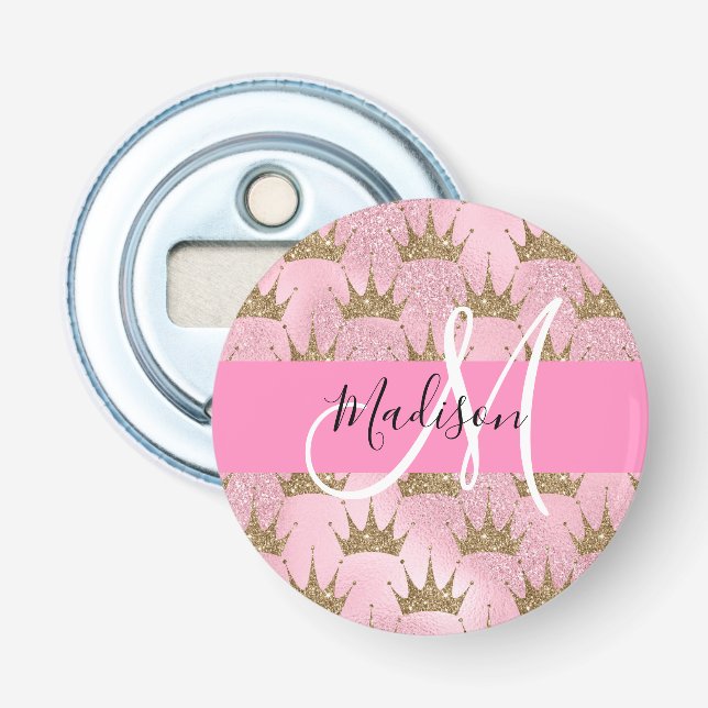 Abrebotellas Purpurina Glam Pink & Gold Sparkles Crowne Monogra (Anverso)