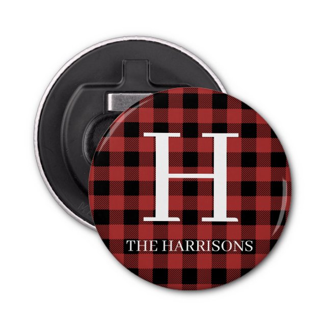 Abrebotellas Red Black Buffalo Plaid Monogram Holiday (Anverso)