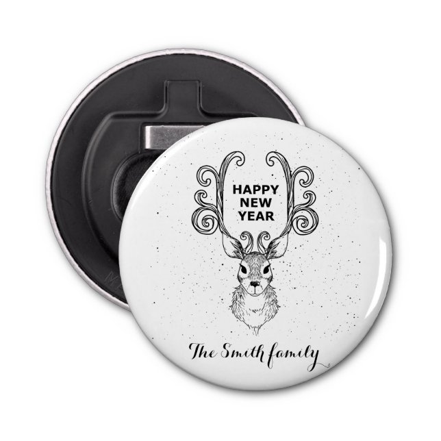 Abrebotellas Reindeer blanco y negro mágico de Año Nuevo (Anverso)