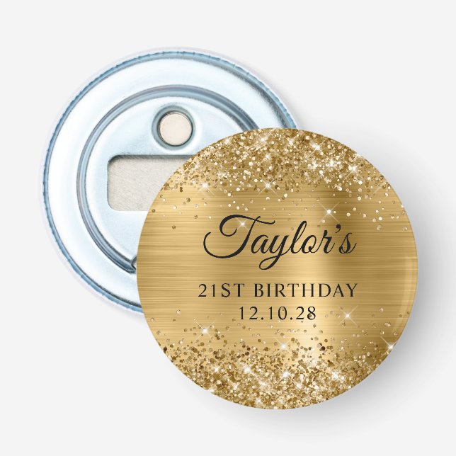 Abrebotellas Relieve metalizado dorado Purpurinoso 21 cumpleaño (Anverso)