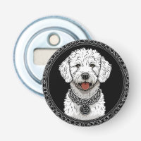 Retrato de perro blanco con collar de cadena