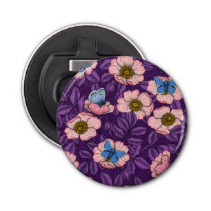 Abrebotellas Rosa de perro y mariposas en rosa y púrpura