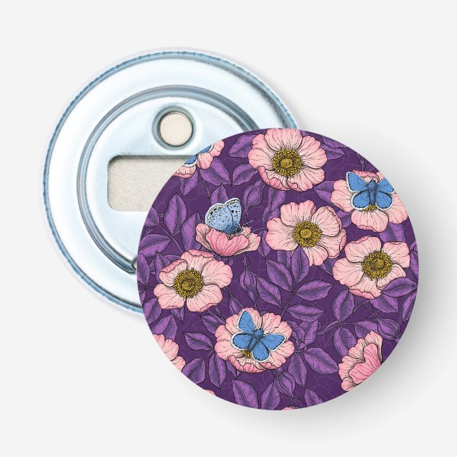 Abrebotellas Rosa de perro y mariposas en rosa y púrpura (Anverso)