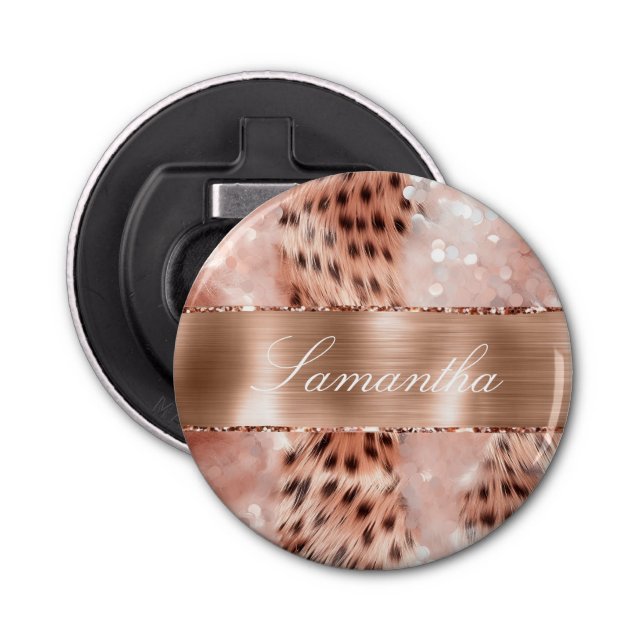 Abrebotellas Rosa Purpurina de Leopardo del Glam Gold (Anverso)