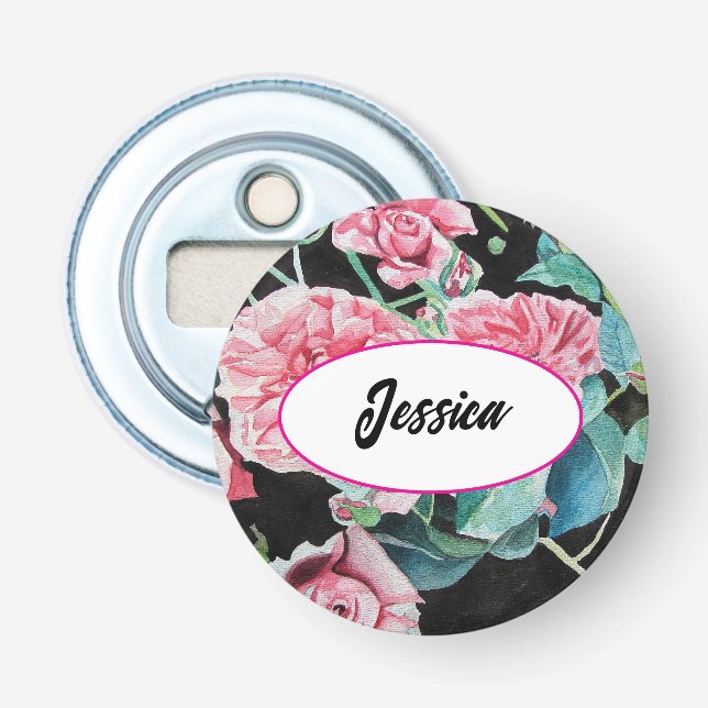 Abrebotellas Rosas de acuarela rosa de la flor rosa negro Anill (Anverso)