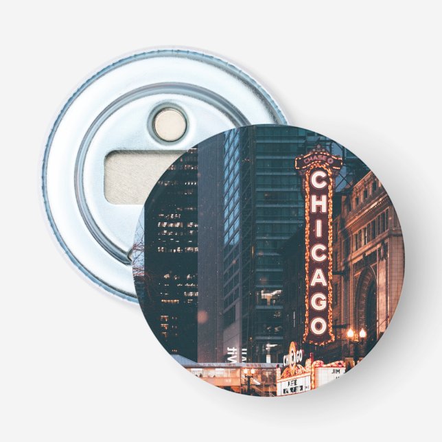 Abrebotellas Rótulo Neon De Chicago Illinois De Noche (Anverso)